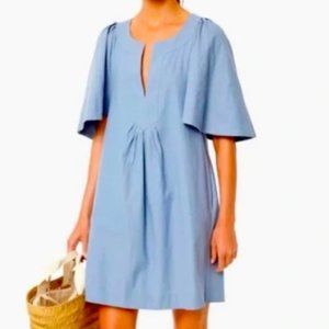 Pomander Place Blue Cotton Pleated Shift Dress Size L #0475